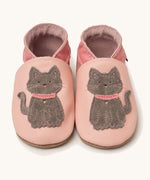 Inch Blue meeow soft pink  baby shoes available at Babipur. A soft light pink leather baby shoe with a cute playful grey suede cat on each shoe. Features elastic ankle cuffs for a secured fit