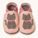 Inch Blue meeow soft pink  baby shoes available at Babipur. A soft light pink leather baby shoe with a cute playful grey suede cat on each shoe. Features elastic ankle cuffs for a secured fit