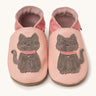 Inch Blue meeow soft pink  baby shoes available at Babipur. A soft light pink leather baby shoe with a cute playful grey suede cat on each shoe. Features elastic ankle cuffs for a secured fit