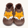 Inch Blue chocolate Mr Fox baby shoes available at Babipur. A soft brown baby leather shoe with a cute and playful suede fox design on each shoe . Features elastic ankle cuffs for a secured fit