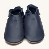 Inch Blue plain navy shoes available at Babipur. A soft navy blue baby leather shoe. Features a matching pink elastic ankle cuffs for a secured fit