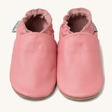 Inch Blue plain rose shoes available at Babipur. A soft pink baby leather shoe. Features a matching pink elastic ankle cuffs for a secured fit