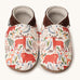 Inch Blue stag & friends shoes available at Babipur. A soft white baby leather shoe with cute pastel coloured stag and woodland animals on each shoe. Features elastic ankle cuffs for a secured fit