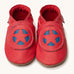 Inch Blue superkid red baby shoes available at Babipur. A soft red baby leather shoe with a red and blue star shield design on each shoe. Features elastic ankle cuffs for a secured fit
