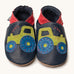 Inch Blue navy tractor baby shoes available at Babipur. A soft navy baby leather shoe with a playful green suede tractor and red collar on each shoe. Features elastic ankle cuffs for a secured fit