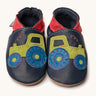 Inch Blue navy tractor baby shoes available at Babipur. A soft navy baby leather shoe with a playful green suede tractor and red collar on each shoe. Features elastic ankle cuffs for a secured fit