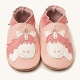 Inch Blue pink unicorn baby shoes available at Babipur. A light pink baby leather shoe with a cute playful white unicorn on each shoe. Features elastic ankle cuffs for a secured fit