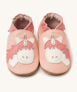 Inch Blue pink unicorn baby shoes available at Babipur. A light pink baby leather shoe with a cute playful white unicorn on each shoe. Features elastic ankle cuffs for a secured fit