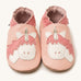 Inch Blue pink unicorn baby shoes available at Babipur. A light pink baby leather shoe with a cute playful white unicorn on each shoe. Features elastic ankle cuffs for a secured fit