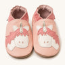 Inch Blue pink unicorn baby shoes available at Babipur. A light pink baby leather shoe with a cute playful white unicorn on each shoe. Features elastic ankle cuffs for a secured fit