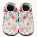 Inch Blue wildroses shoes available at Babipur. A soft white baby leather shoe with a cute pastel coloured floral design on each shoe. Features elastic ankle cuffs for a secured fit