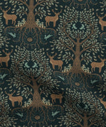 Forest Tree is a beautifully illustrated woodland design in soft organic cotton featuring intricate woodland trees and stags in muted colours on a black background.