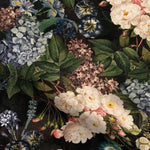 Vintage Summer is a beautiful Victorian botanical floral print in soft organic cotton featuring hydrangeas, lilac and roses on a black background.