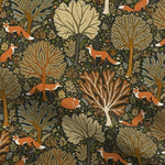 Woodland Fox is a beautifully illustrated print in soft organic cotton featuring woodland trees in autumnal tones and red foxes on a black background.