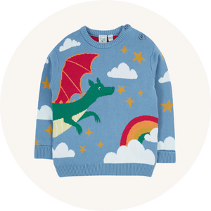 Frugi Elwood Organic Cotton Knitted Jumper in Dragon Skies to represent Kids Knitted Jumpers, Sweatshirts and Cardigans at Babipur.