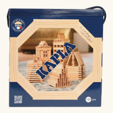 Front of Kapla box of 120 natural unpainted wooden construction planks