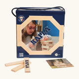 KAPLA 120 unpainted wooden construction planks box next to 3 loose planks and a booklet.