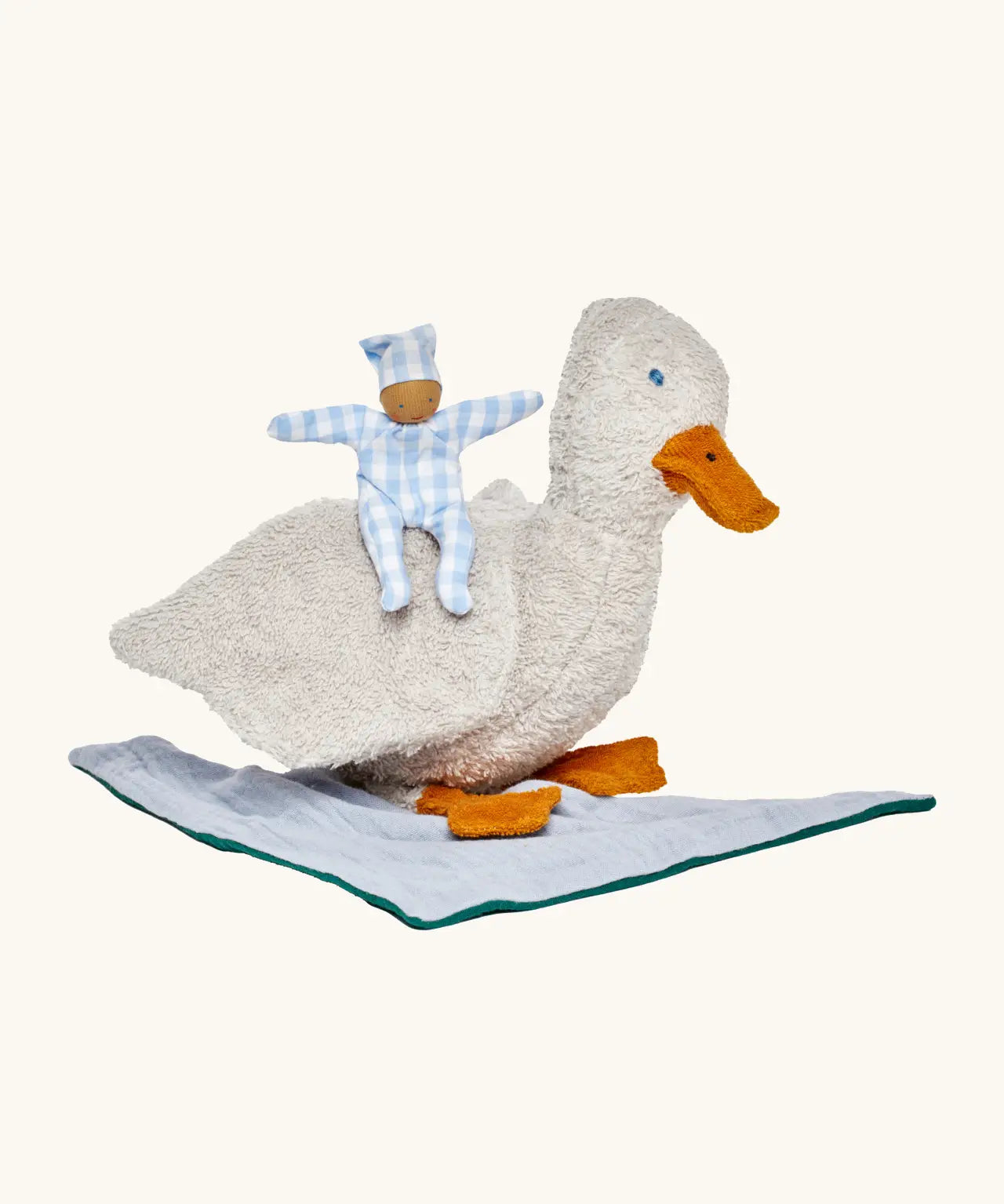 Kathe Kruse organic cotton white duck comforter with small blue checked waldorf doll and muslin bib