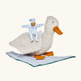 Kathe Kruse organic cotton white duck comforter with small blue checked waldorf doll and muslin bib