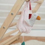 Kathe Kruse cotton musical mobile in pink dots with duck rattle removable toy. 