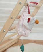 Kathe Kruse cotton musical mobile in pink dots with duck rattle removable toy. 