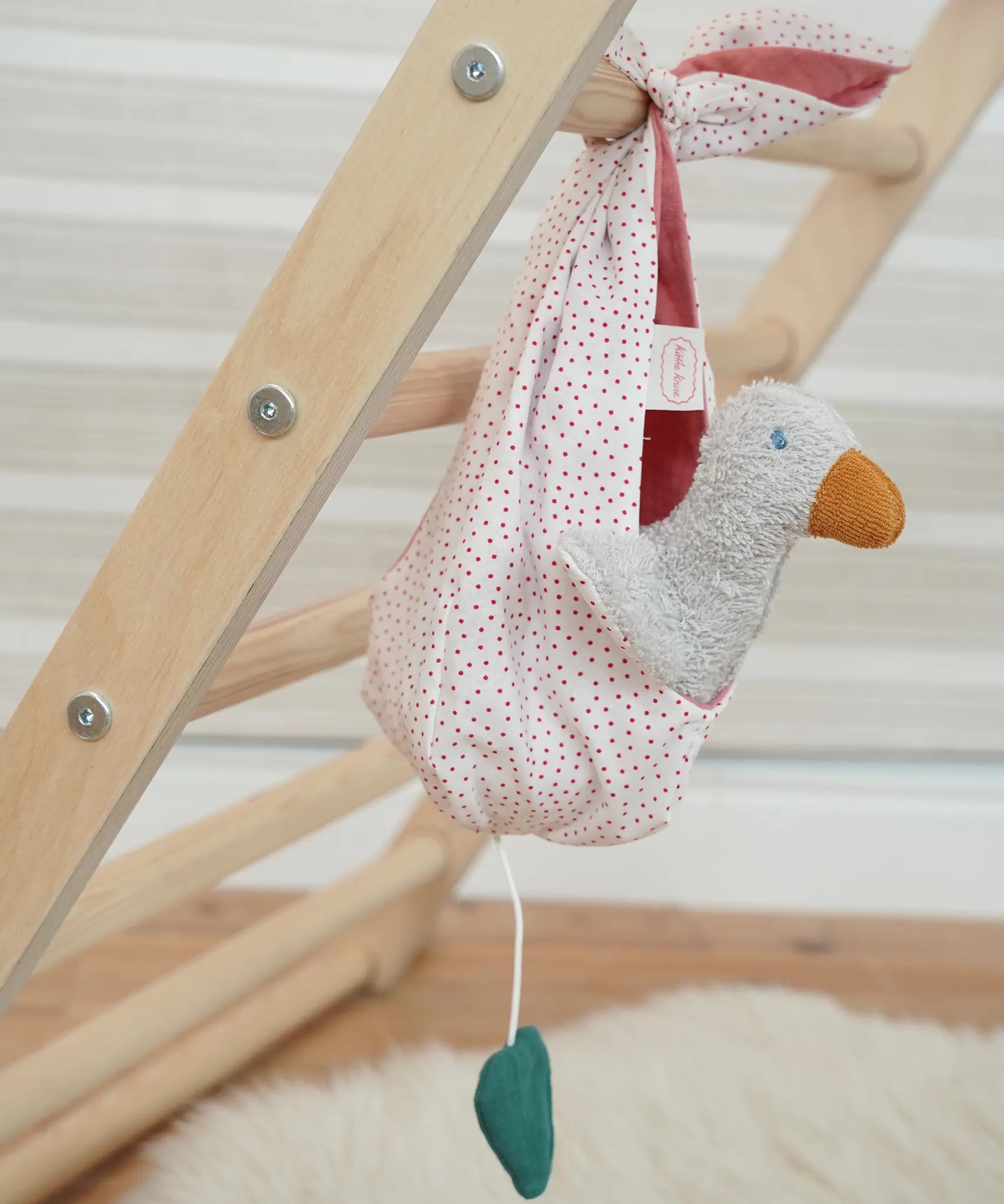 Kathe Kruse cotton musical mobile in pink dots with duck rattle removable toy. 
