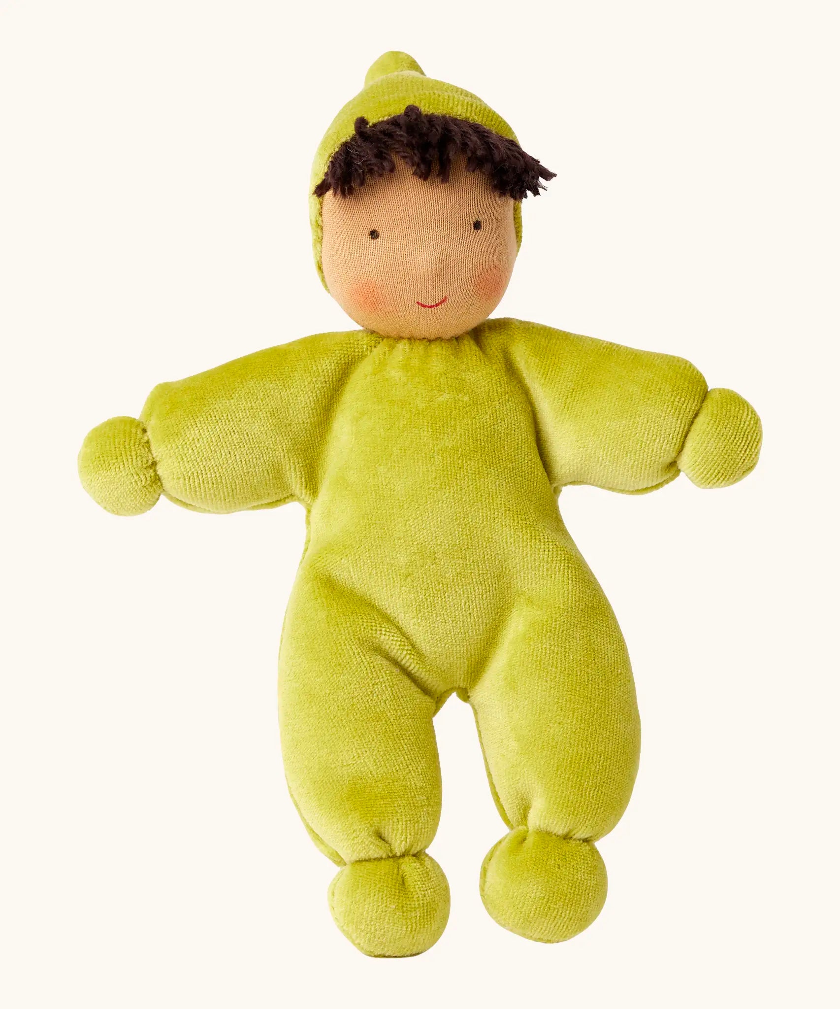 Kathe Kruse Lolo moss waldorf doll showing a light green towelling outfit, light skin and dark hair.