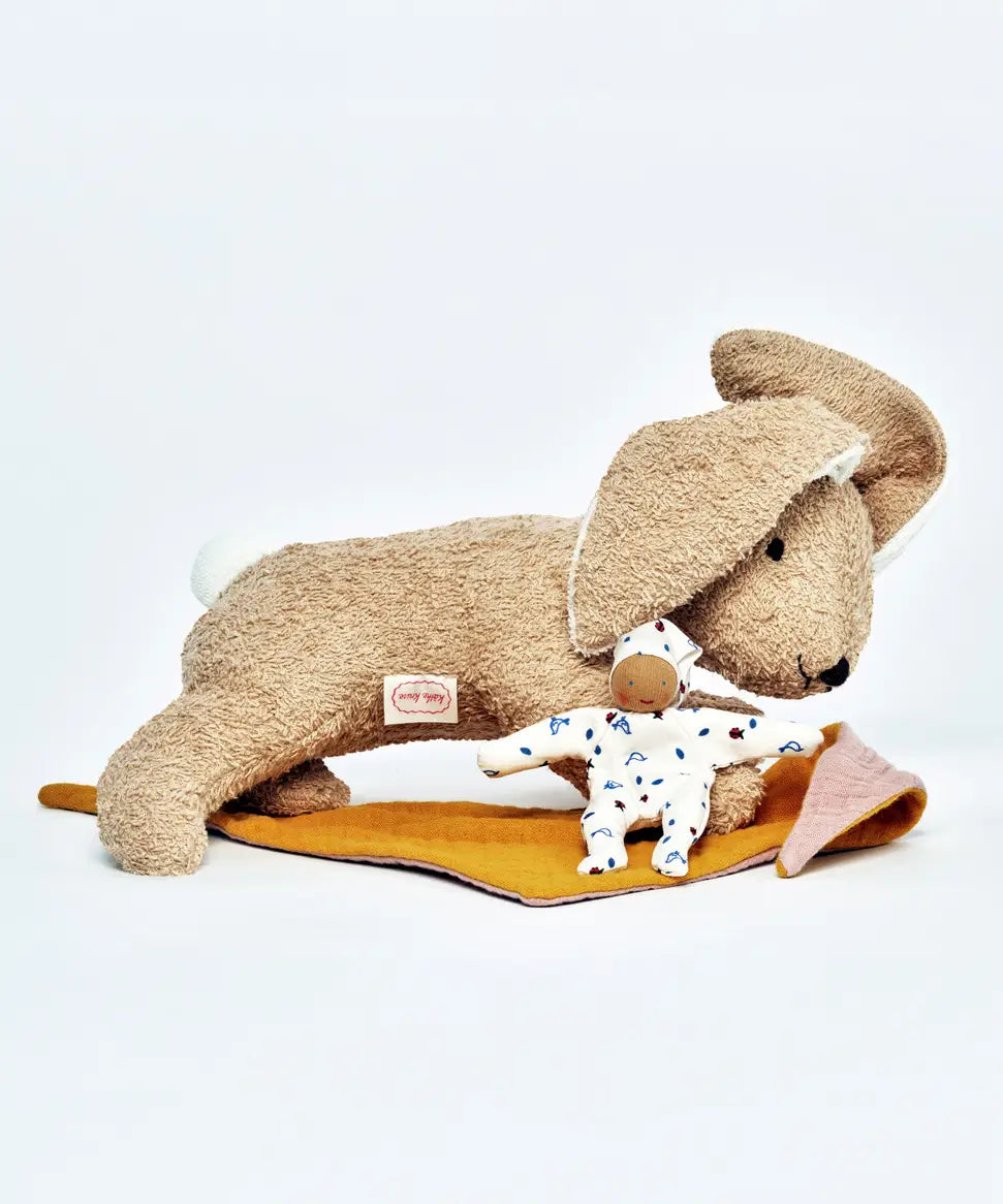 Kathe Kruse holly lying rabbit comforter with small white waldorf doll and muslin bib