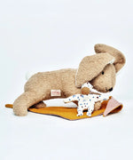 Kathe Kruse holly lying rabbit comforter with small white waldorf doll and muslin bib