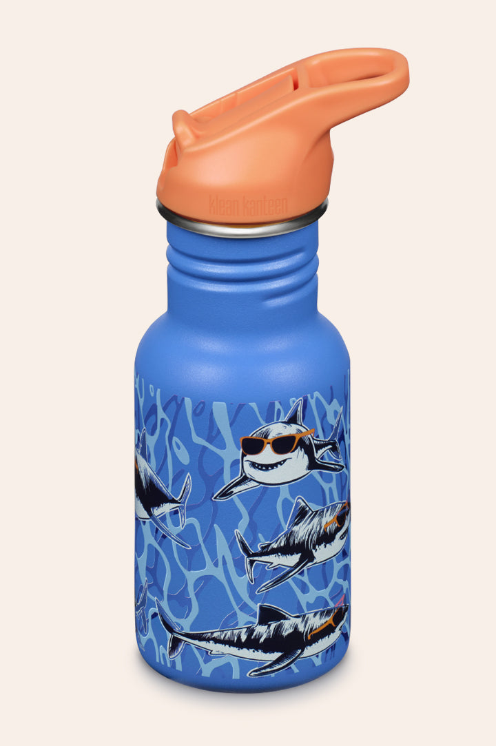 Kid Klean Kanteen 12oz Leakproof Flip Seal Sports Reusable School Bottle in a shark print to represent Kid Kanteens at Babipur.