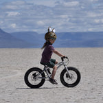 A child riding the Early Rider Seeker X16 16" Bike - Brushed Aluminium on sandy ground and mountain background