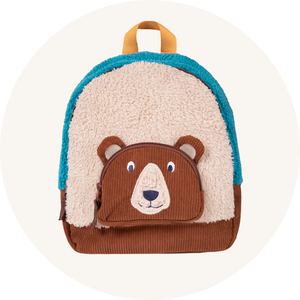 Frugi Fleece Character Backpack with bear applique pocket - made from recycled polyester and organic cotton - to represent Frugi bags and backpacks for sale at Babipur.
