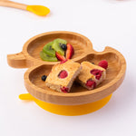 Eco Rascals Duck Bamboo Suction Plate, with fresh fruit and raspberry loaf. 