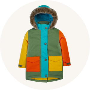 Frugi Penhale Waterproof Parka Khaki Colourblock - made from GOTS organic cotton and recycled materials - to represent Frugi coats and outerwear for sale at Babipur.
