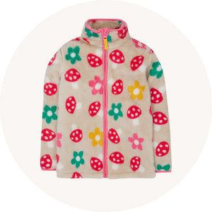 Frugi Zipped Ted Circular Collection Fleece Jacket in Mushroom print to represent kids jumpers and cardigans at Babipur. 