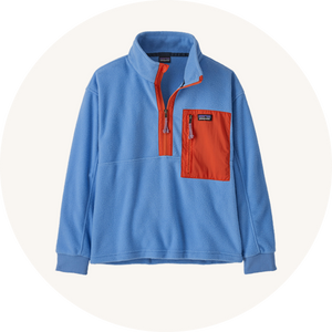 Patagonia Kids Microdini 1/2 Zip Fleece Top - Abundant Blue - a pullover jacket made from 100% recycled polyester with a burnt orange zip and large breast pocket.