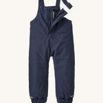 Patagonia Baby Snow Pile Bibs - New Navy showing the zip up wind-flap and adjustable shoulder straps