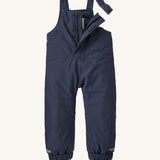 Patagonia Baby Snow Pile Bibs - New Navy showing the zip up wind-flap and adjustable shoulder straps
