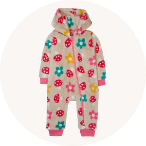 Frugi Cosy Ted Hooded Snuggle Suit Circular Collection in Mushroom Field to represent babies coats, waterproofs and pram suits at Babipur.