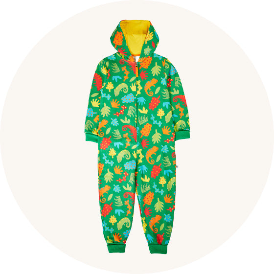 Frugi Big Snuggle Suit in green Chameleon Camp print, zip suit with hood, made from organic cotton to represent kids onesies at Babipur.
