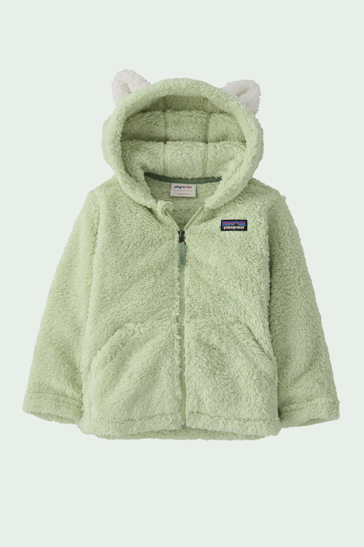 Patagonia Little Kids Furry Friends Hooded jacket with cute fluffy ears in Lichen Green to represent Patagonia kids autumn winter at Babipur.