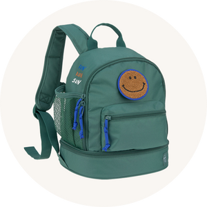 Lassig Kids Mini School Backpack - 'Little Gang' Teal Green with a brown fleece smiley applique. Extendable straps, front pocket with blue zip details and one side mesh bottle pocket.