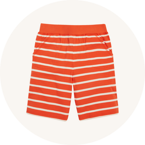 Frugi Stithian Shorts - Tiger Orange Breton - stretchy knee length kids summer shorts made from organic cotton with two front pockets, an orange elasticated waistband and all over orange and white stripe print.