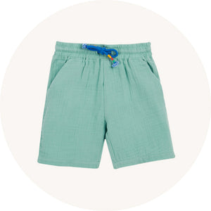 Frugi Mateo Muslin Shorts in Moss - lightweight summer shorts with a stretchy drawstring waistband - made from GOTS organic cotton muslin.
