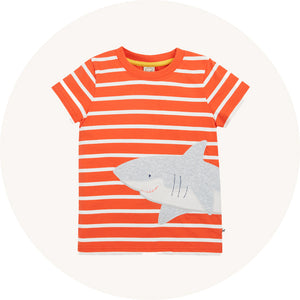 Frugi Elijah Wrap Around T-Shirt - Orange Stripe / Shark - GOTS organic cotton, orange and white striped top with a large shark applique that wraps around the front and back.