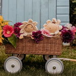 The Olli Ella Limited Edition Blossom Buds Gift Set - Gardenia, showing the Tootsie Gardenia & Dinky Dinkum Doll - Gracie Gardenia sat inside an Olli Ella cart with beautiful purple and pink flowers