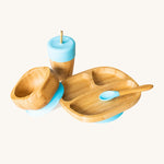 Eco Rascals Bamboo Section Plate Gift Set, a bowl, portion plate, baby spoon and cup with straw in bamboo and blue silicone. 