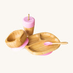 Eco Rascals Bamboo Section Plate Gift Set, a bowl, portion plate, baby spoon and cup with straw in bamboo and pink silicone.