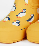 Frugi kids yellow wellington boots puffin design toe detail