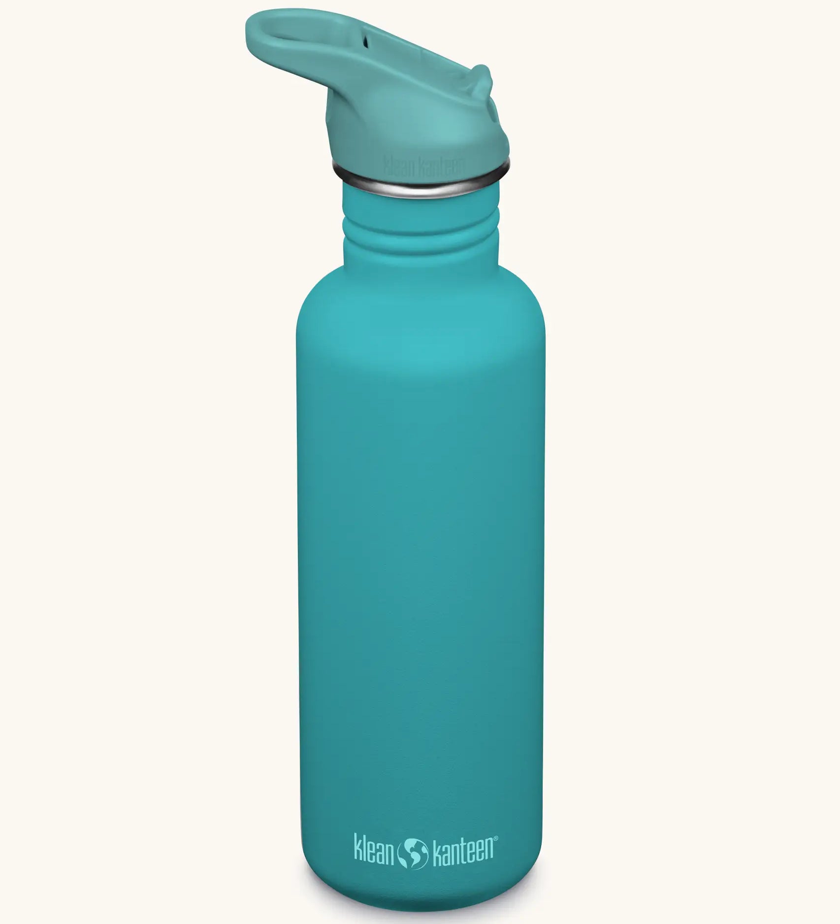 Klean Kanteen 27oz classic stainless steel bottle in baltic blue with a matching leak proof flip cap